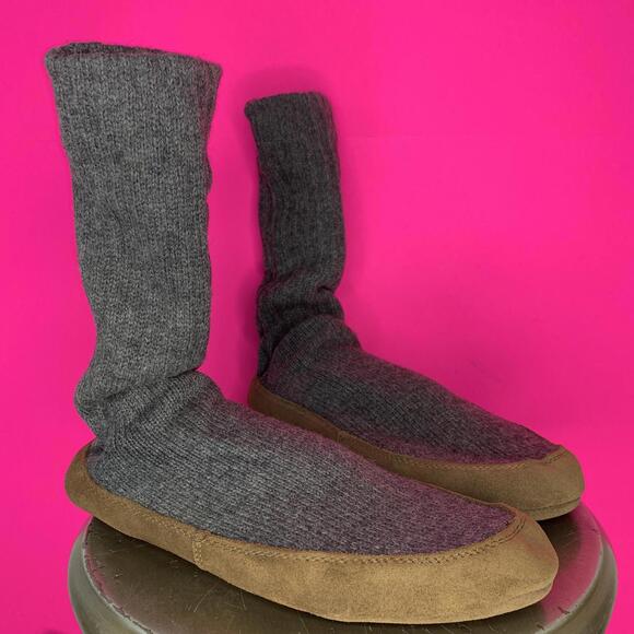 L.L. Bean Gray Wool Brown Sude Sole Slipper Sock Sz L 10.5-11.5 - Picture 1 of 6